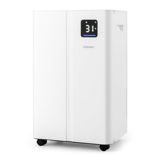 20L Dehumidifier for Home and Basement standing on wheels with a digital display on the front
