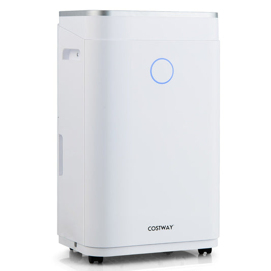 20L Per Day Dehumidifier with a clean white finish and a blue light indicator on the front