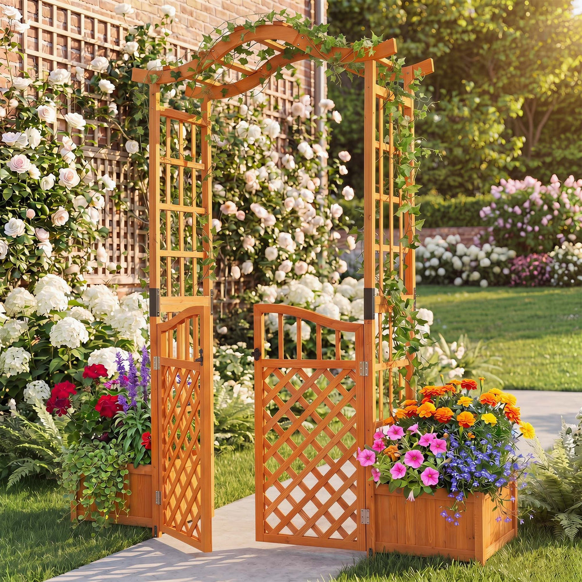 210 cm Garden Arbor with Gate for Climbing Plants Wedding-Brown