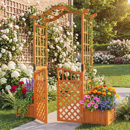 210 cm Garden Arbor with Gate for Climbing Plants Wedding-Brown