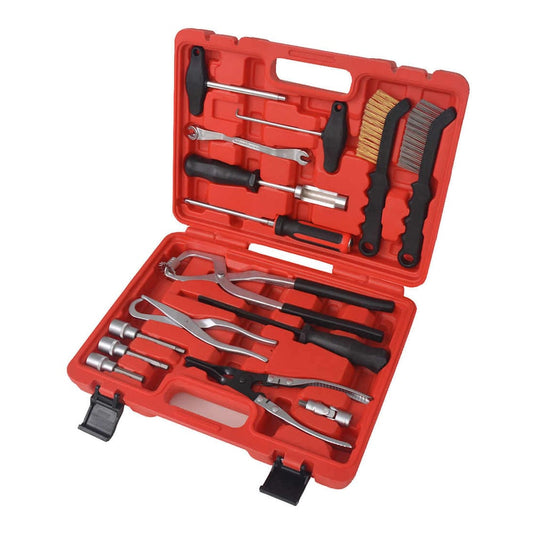 15 Piece Brake Maintenance and Assembly Toolset in a red plastic case with various tools inside