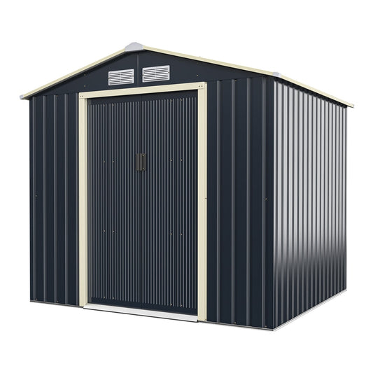 213cm x 191cm Outdoor Storage Shed, dark grey metal shed with cream trim and double sliding doors