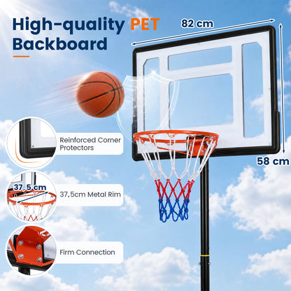 Close up of the basketball backboard and rim with dimensions shown