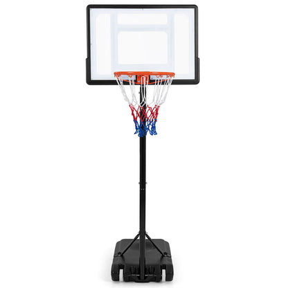 The adjustable basketball hoop standing on a paved surface