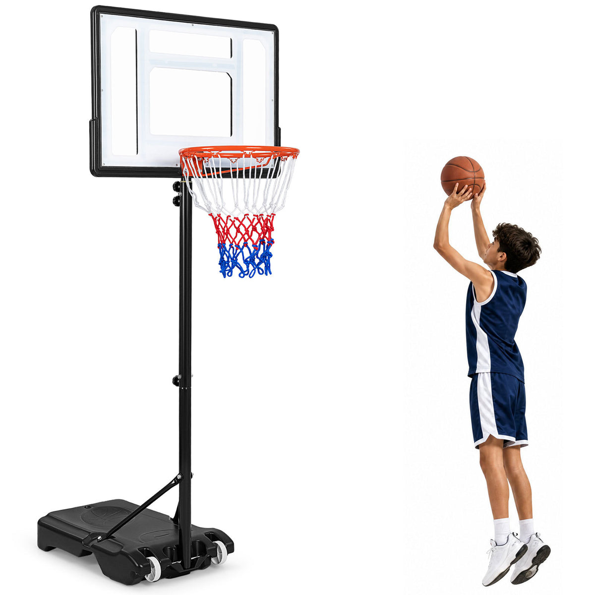 215-260 cm Height Adjustable Basketball Hoop with clear PET backboard and red, white, and blue net