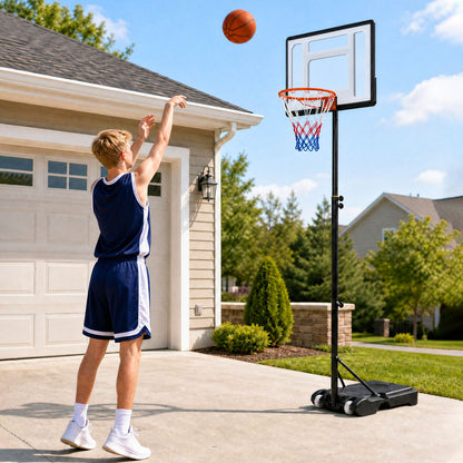 Young person shooting a basketball at the adjustable hoop in a driveway