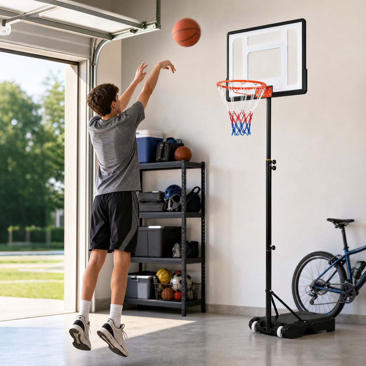 Person playing basketball inside a garage with the adjustable hoop