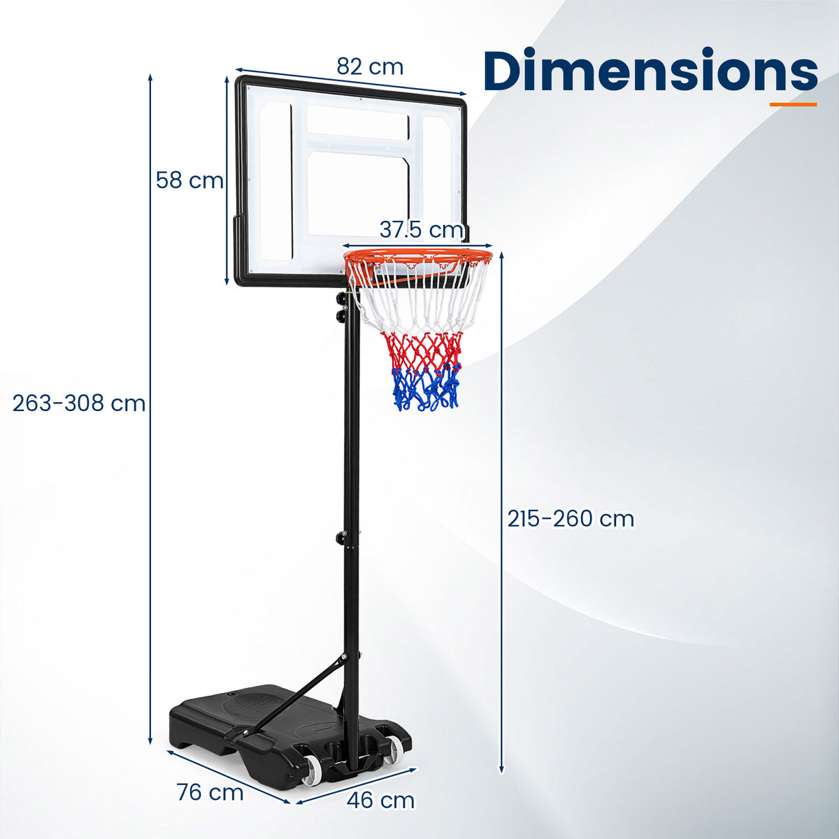 Diagram showing the dimensions of the adjustable basketball hoop