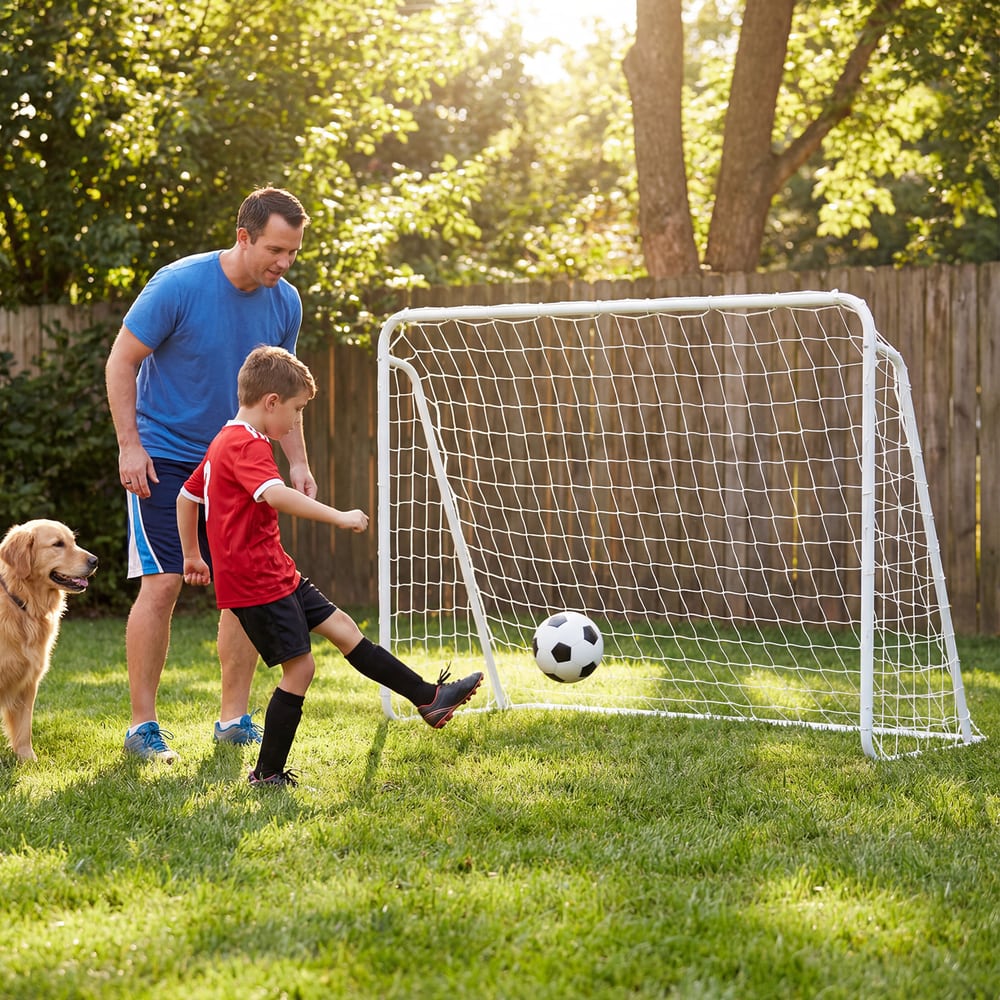 Father and son playing soccer in a garden with a dog watching the goal