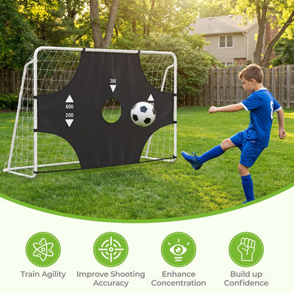 Boy practicing soccer shots at a goal with a target cloth in a garden