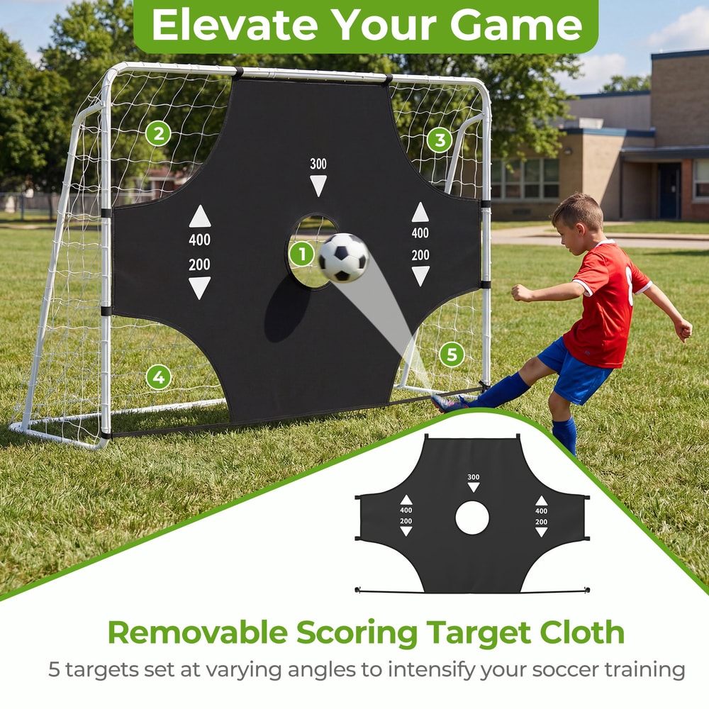Soccer goal with a removable target cloth and five scoring targets