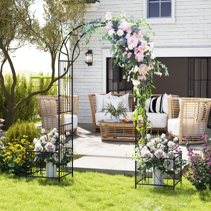 217 cm Arch Trellis Metal Garden Arbor with Planter Boxes-Black