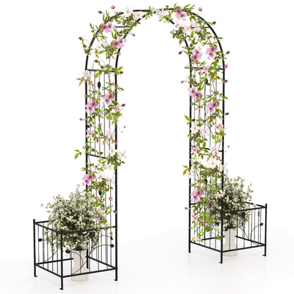 217 cm Arch Trellis Metal Garden Arbor with Planter Boxes-Black