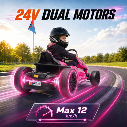 AIYAPLAY 24V Electric Drift Go Kart for Kids with Dual Motors, Soft Start, 12 KM/H High Speed, Headlight, for Ages 6-14, Pink