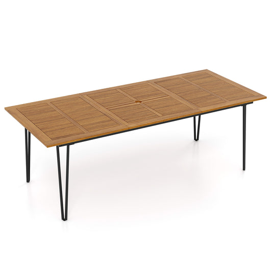 Patio Dining Table Acacia Wood Tabletop with Umbrella Hole on a plain white studio background