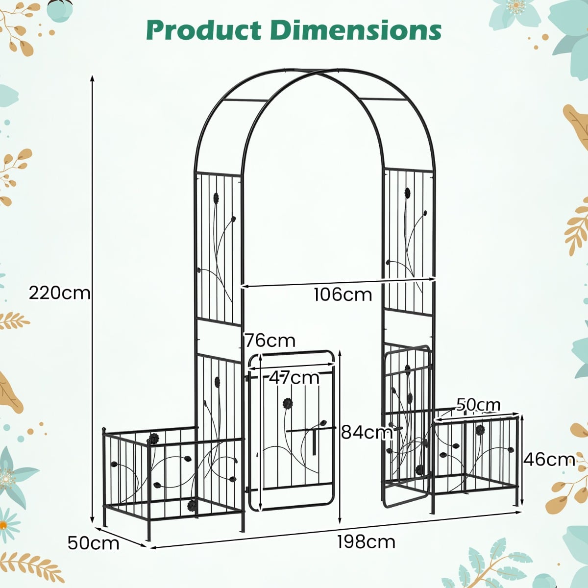 220cm Garden Arbor Metal Arch Trellis Lockable Gate with Side Planters-Black