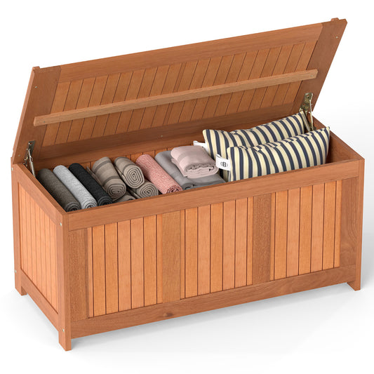 220L Wood Deck Box 3-in-1 Patio Storage Bench Stool with lid open showing storage space