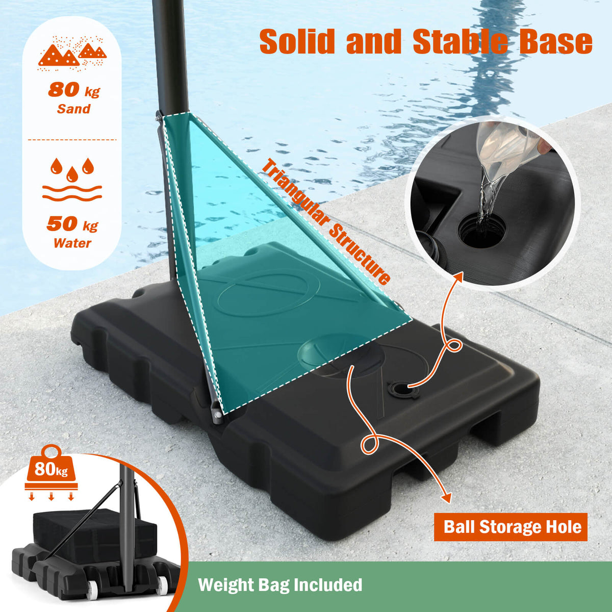A close-up of the solid and stable base of the basketball hoop, showing water filling options