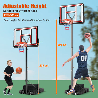 A diagram showing the adjustable height range of the basketball hoop for children and adults