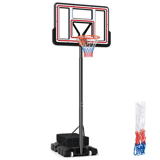 225-305cm Portable Basketball Hoop Adjustable Basketball Goal System standing on a black wheeled base with a red and blue net