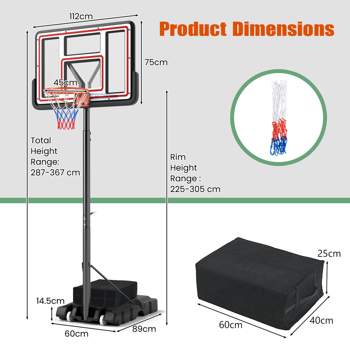 A diagram showing the dimensions of the portable basketball hoop and its base