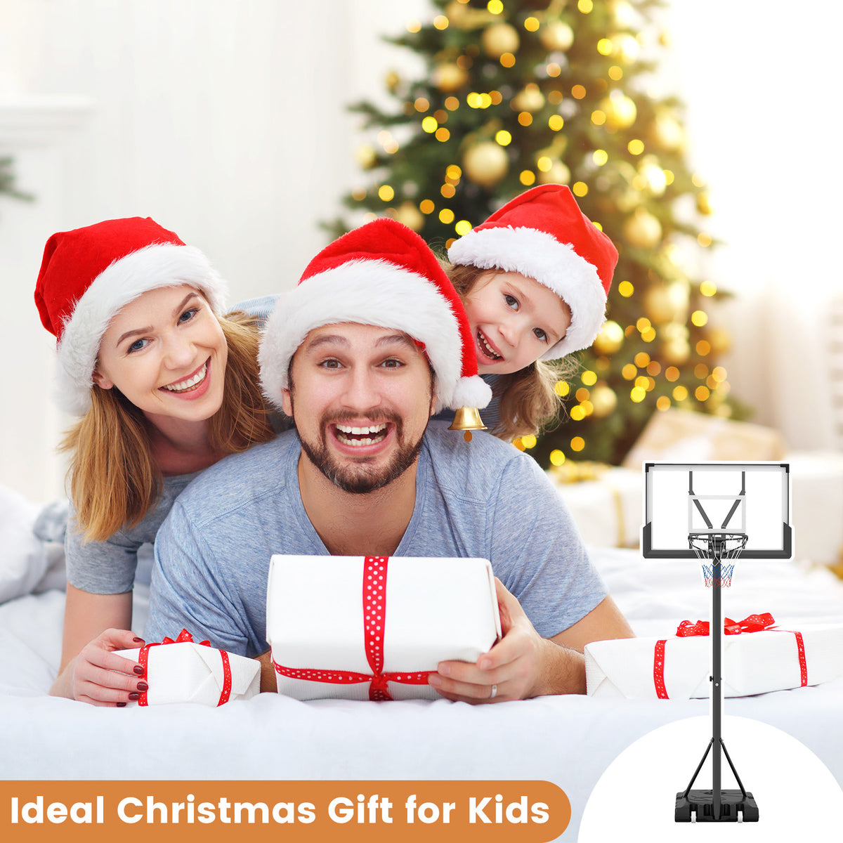 A family celebrating Christmas with the basketball hoop in the background