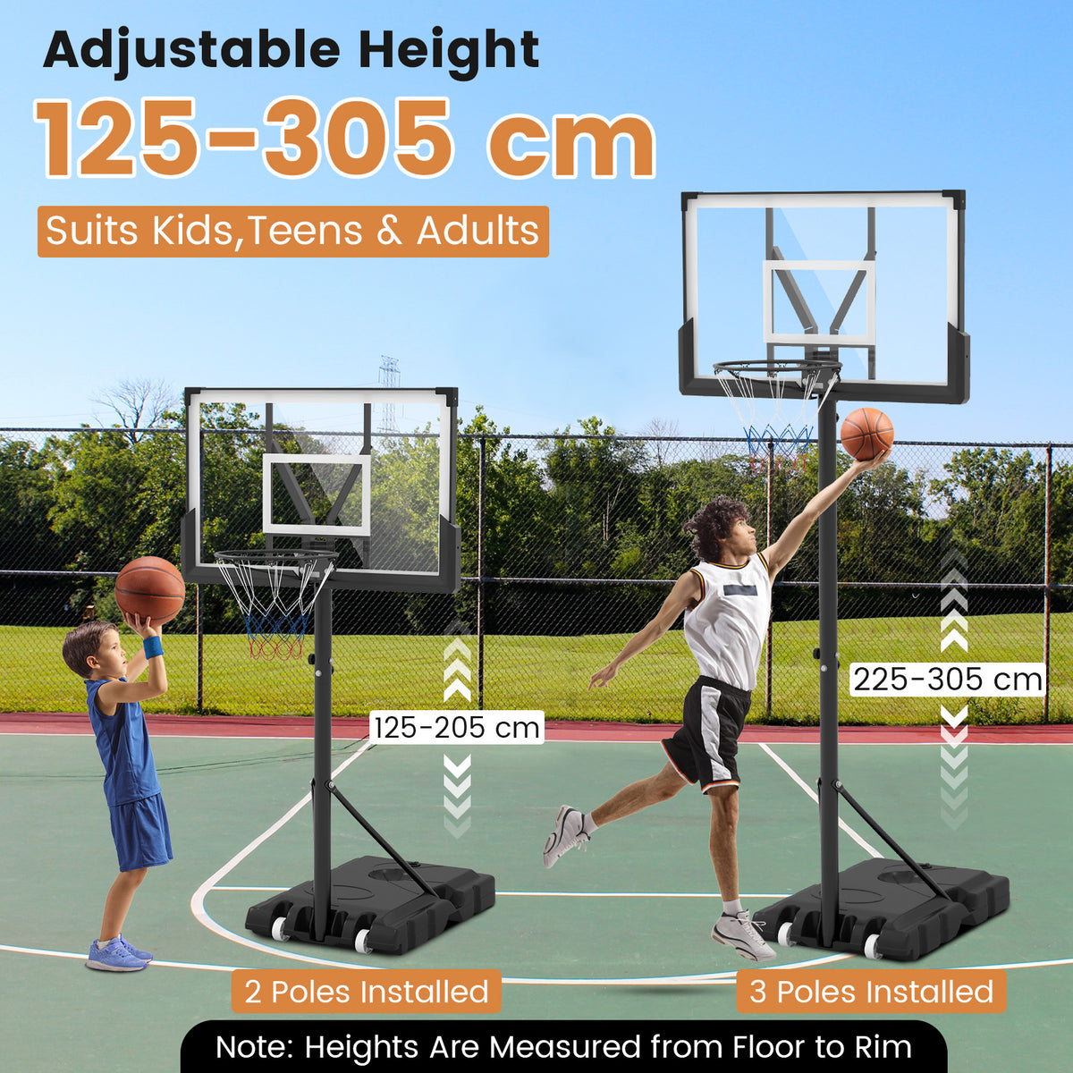 Diagram illustrating the adjustable height of the basketball hoop for different users