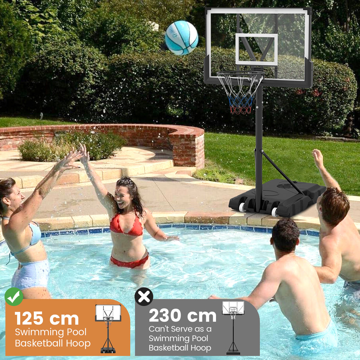 People enjoying the basketball hoop by a swimming pool