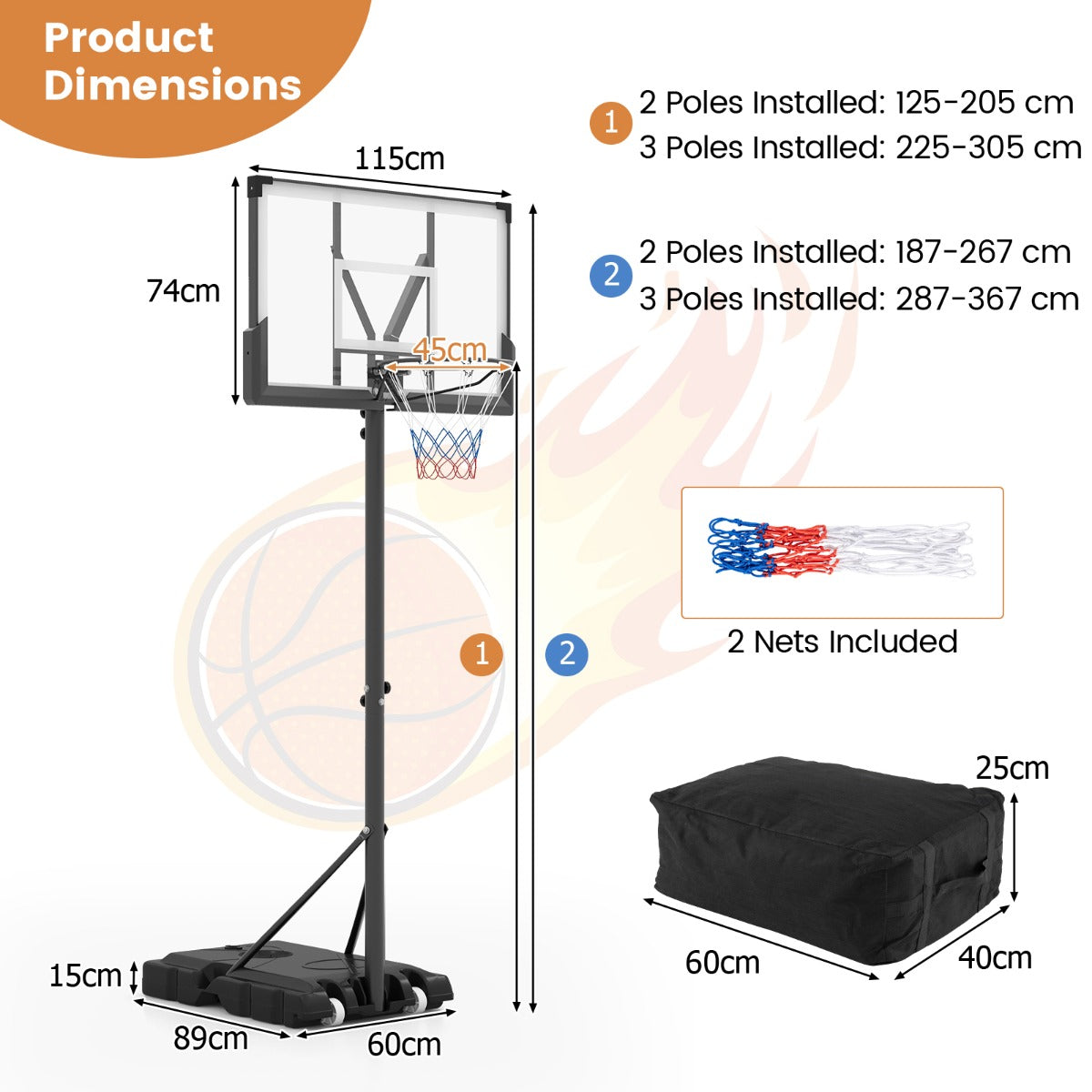 Diagram showing the dimensions of the basketball hoop and included accessories