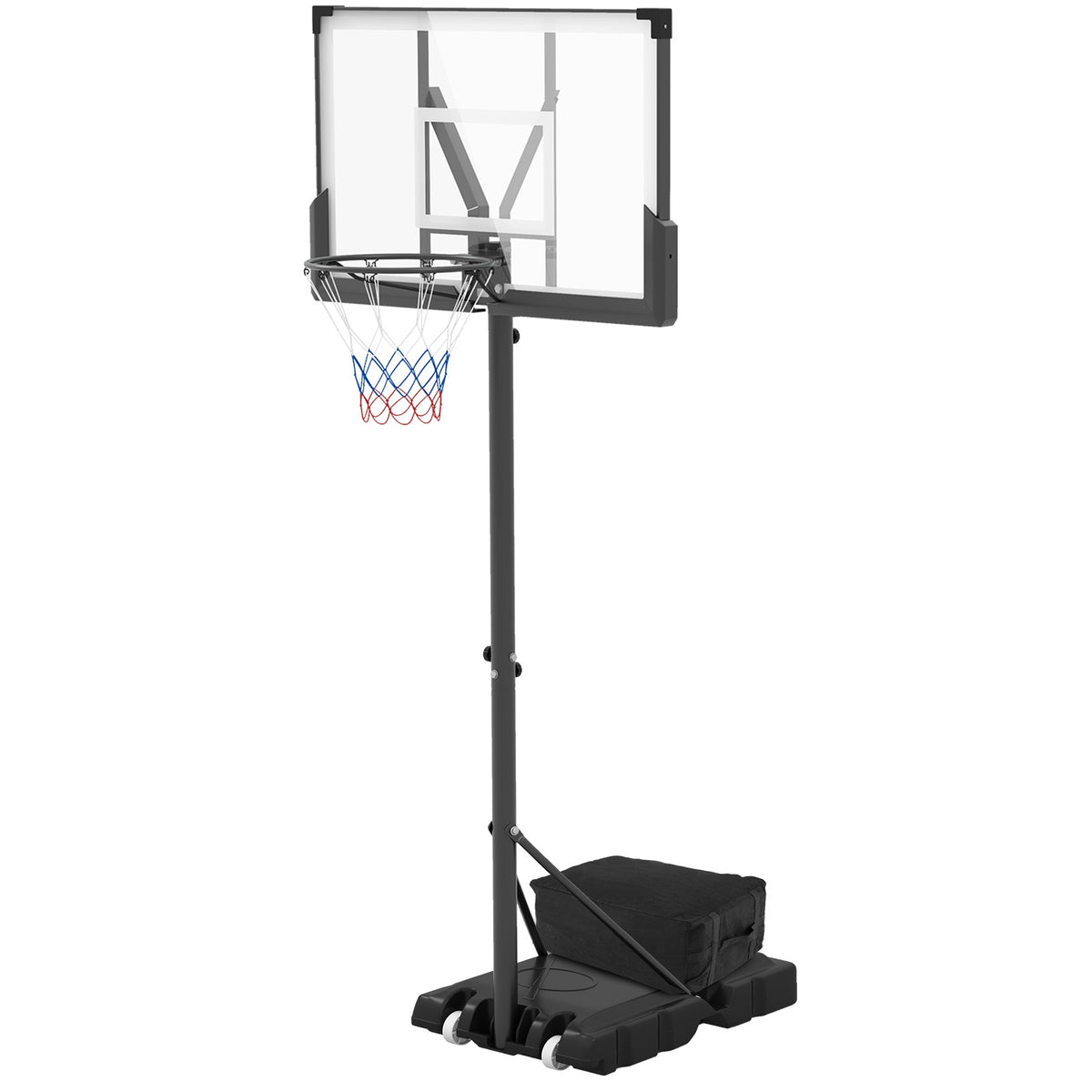 The adjustable basketball hoop with a weighted base and wheels
