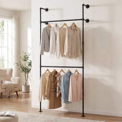 227CM Industrial Pipe Clothing Rack Wall Mounted Heavy-Duty Metal Garment Organizer-Black