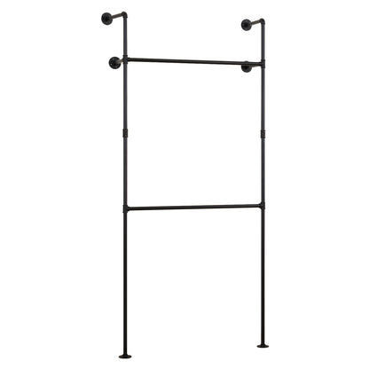 227CM Industrial Pipe Clothing Rack Wall Mounted Heavy-Duty Metal Garment Organizer-Black