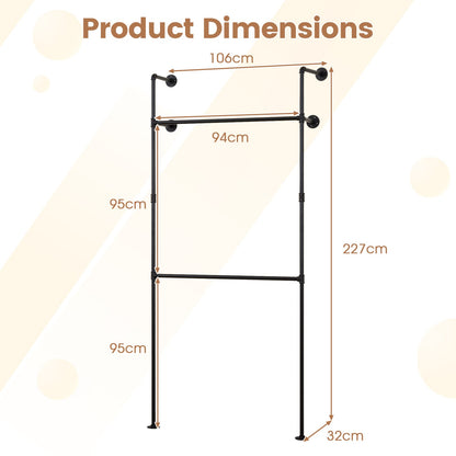 227CM Industrial Pipe Clothing Rack Wall Mounted Heavy-Duty Metal Garment Organizer-Black