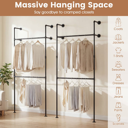 227CM Industrial Pipe Clothing Rack Wall Mounted Heavy-Duty Metal Garment Organizer-Black