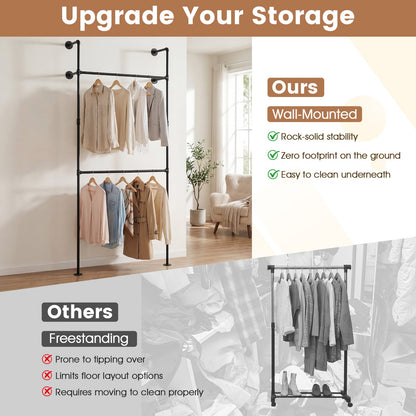 227CM Industrial Pipe Clothing Rack Wall Mounted Heavy-Duty Metal Garment Organizer-Black