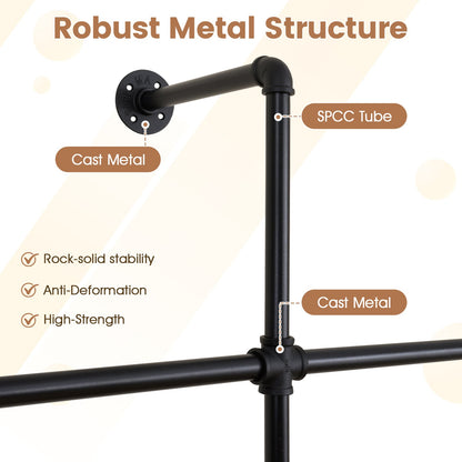 227CM Industrial Pipe Clothing Rack Wall Mounted Heavy-Duty Metal Garment Organizer-Black