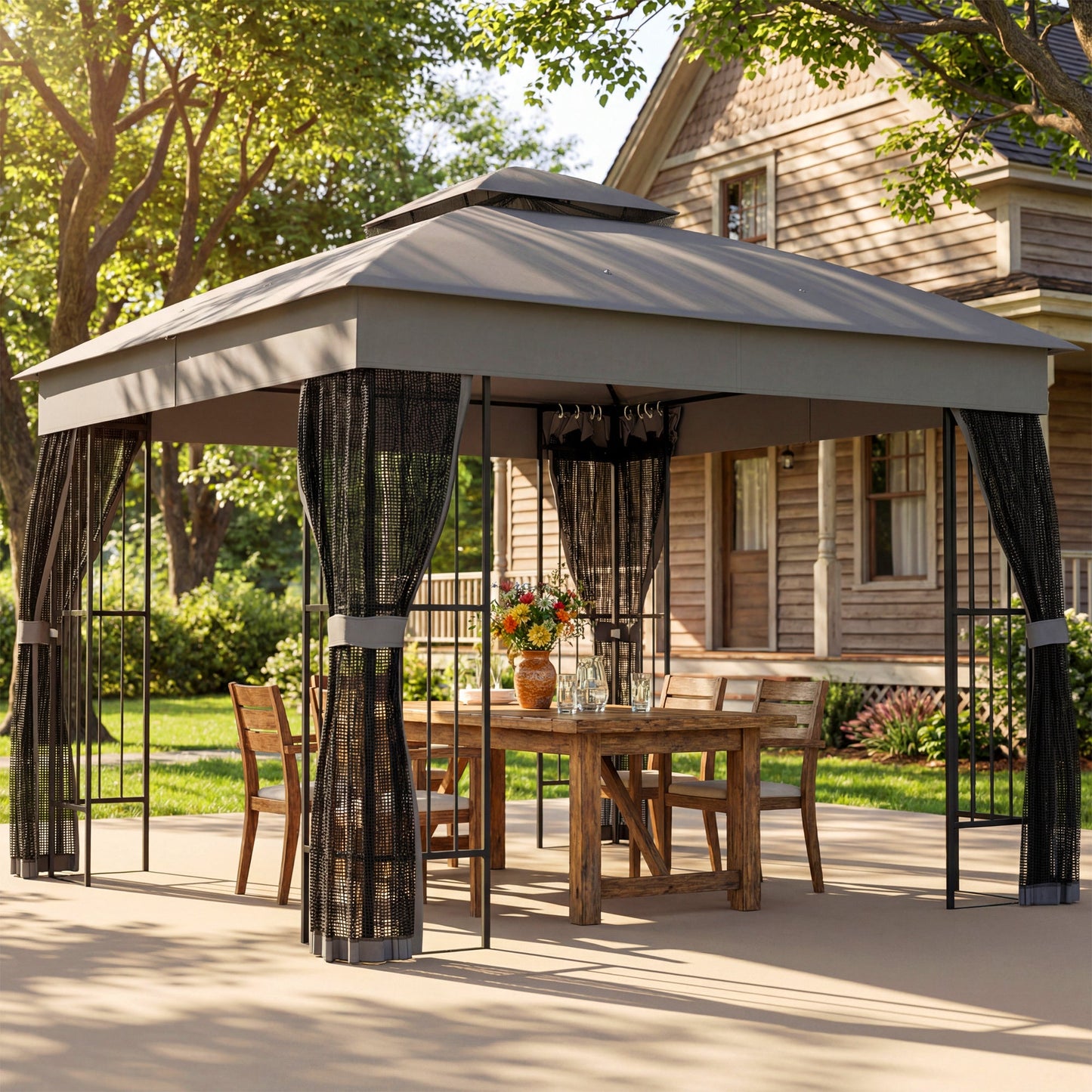 مظلة حديقة خارجية من Outsunny بمقاس 3 × 3 متر مع أرفف عمودية، جناح فناء دائم بسقف مزدوج UPF50+، رمادي