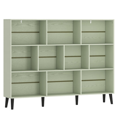 HOMCOM 10-Cube Bookcase, 3-Tier Book Shelf with Solid Wood Legs, 140 cm Modern Bookshelf with Anti-Tip Kit, Light Green