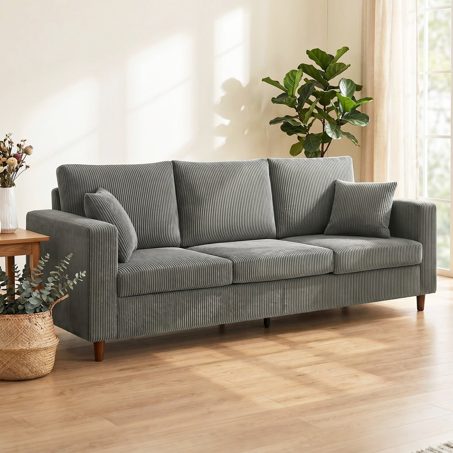 HOMCOM 3 Seater Sofa with Wide Seat, Corduroy Fabric Couch with Deep Seat, Spring Cushion, Light Grey