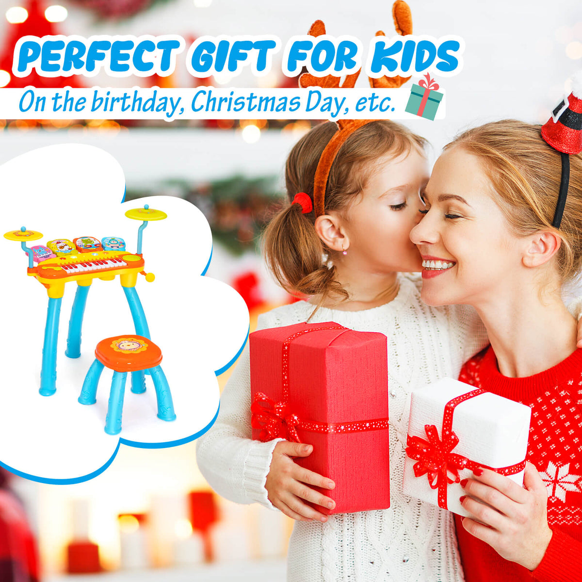 A mother gives a gift to her child, with the toy keyboard drum set in the background