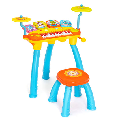 24 Keys Piano Keyboard Drum Set with Stool and Microphone for Kids-Blue, a colourful toy musical instrument with yellow keys