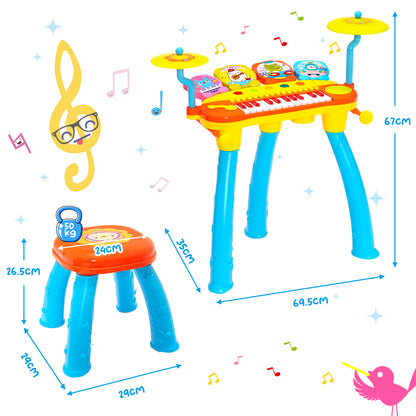 Dimensions are shown for the blue and yellow toy keyboard drum set and its stool