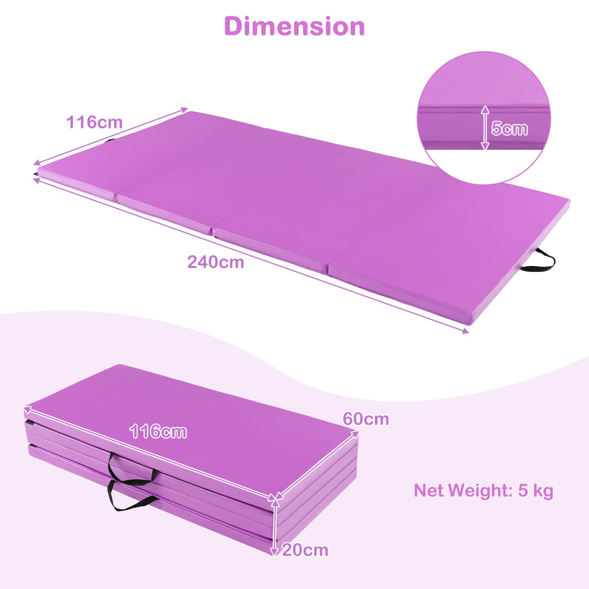 the purple floor mat displayed in both flat and stacked configurations with thickness detail