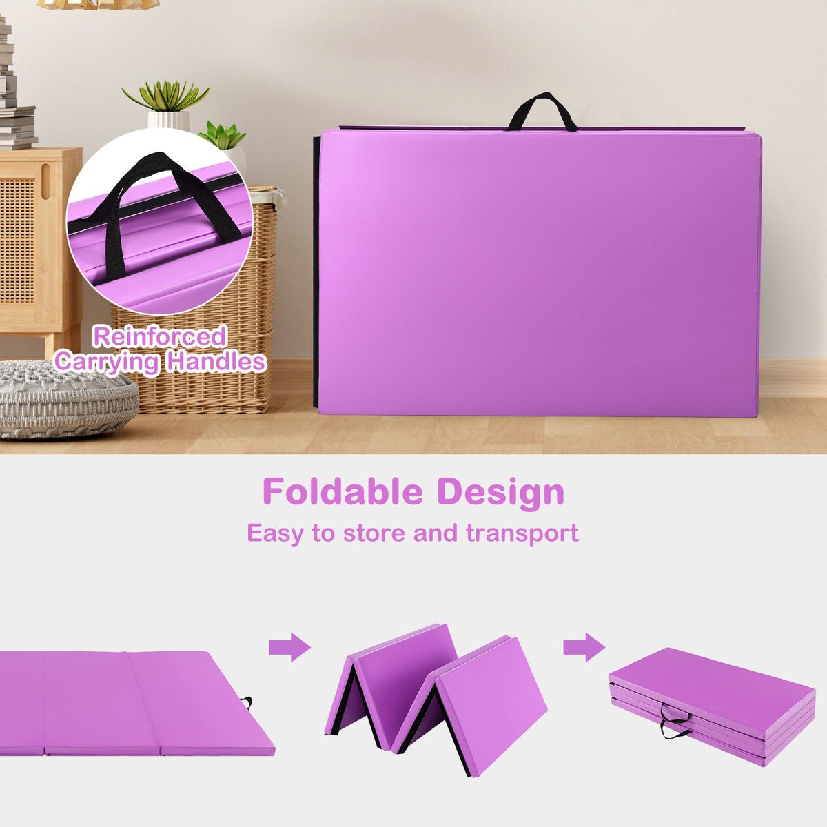 The floor mat shown folded with carry handles and a diagram of the folding process