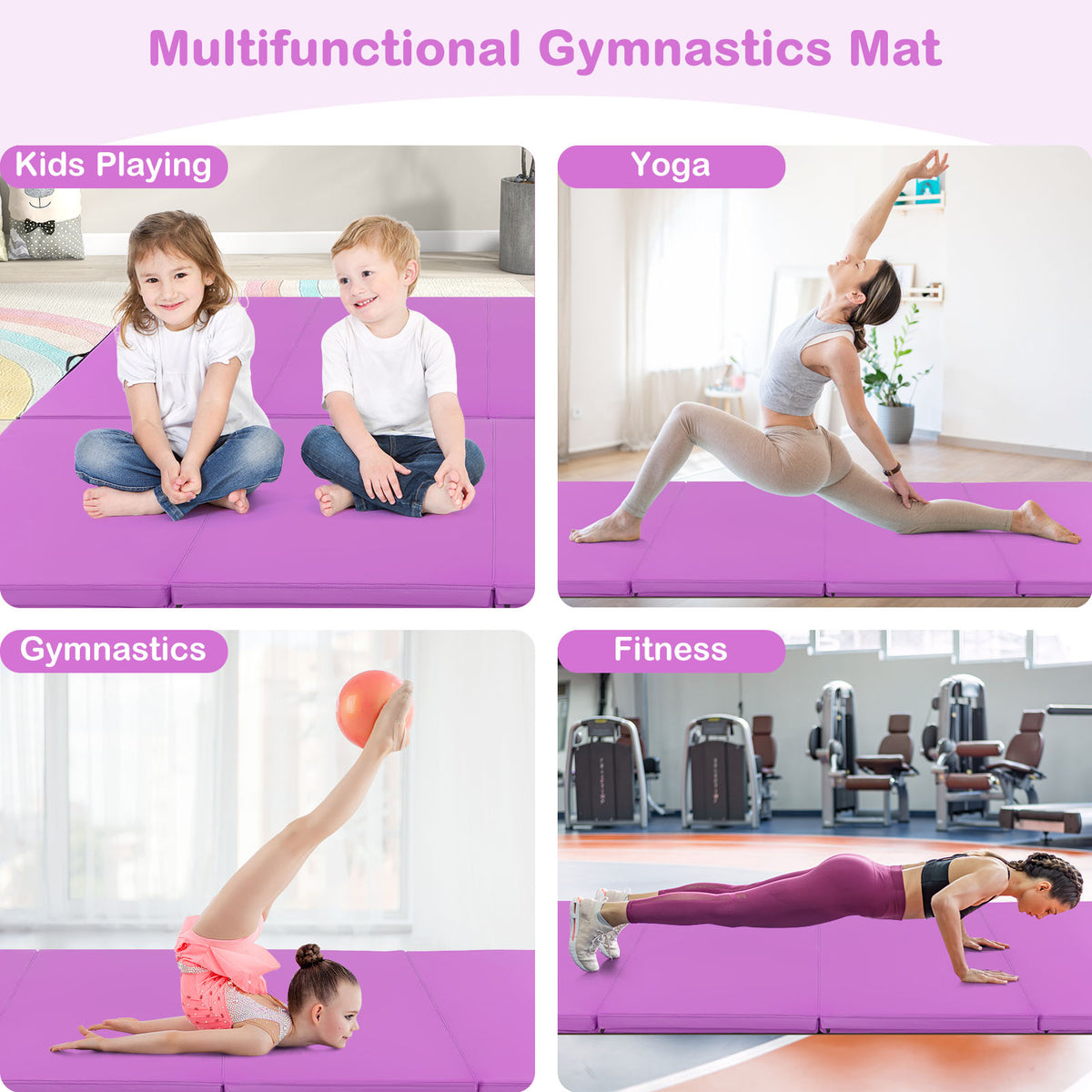 the purple floor mat shown in a collage of four different exercise and play scenarios