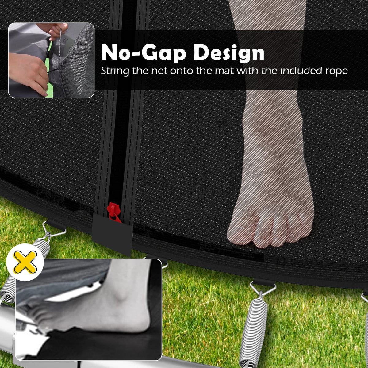 Close-up of the trampoline net attachment and springs, showing a no-gap design