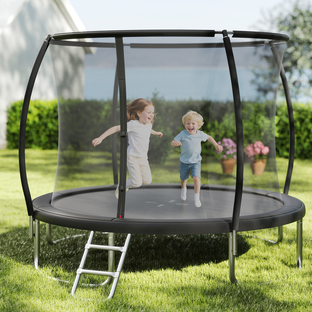 Children jumping on the outdoor trampoline in a garden setting