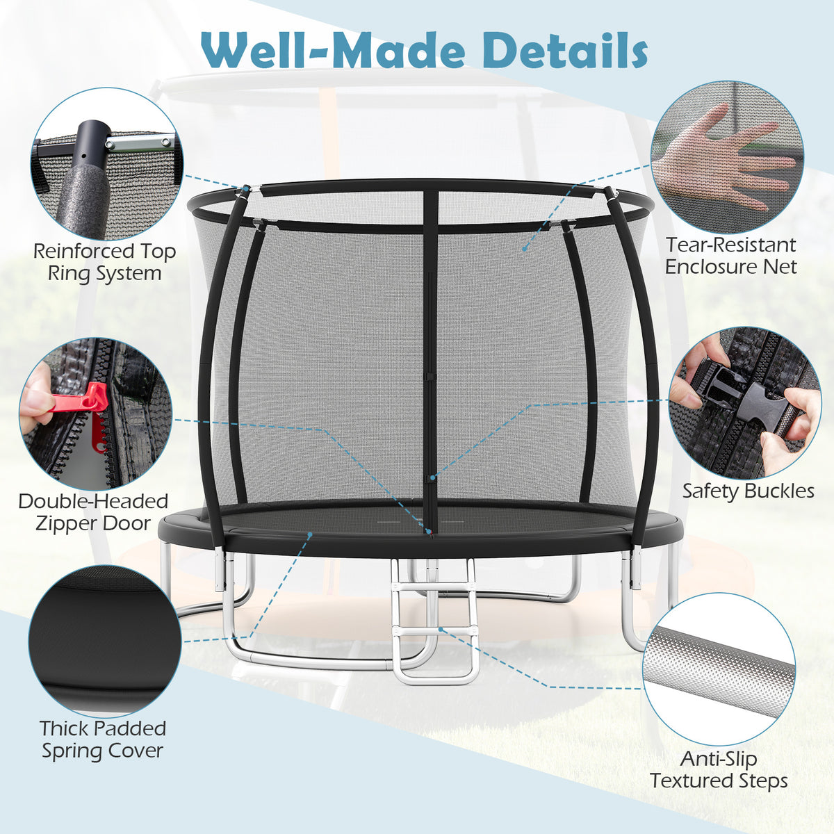 Close-up details of the outdoor trampoline including the safety net and spring cover