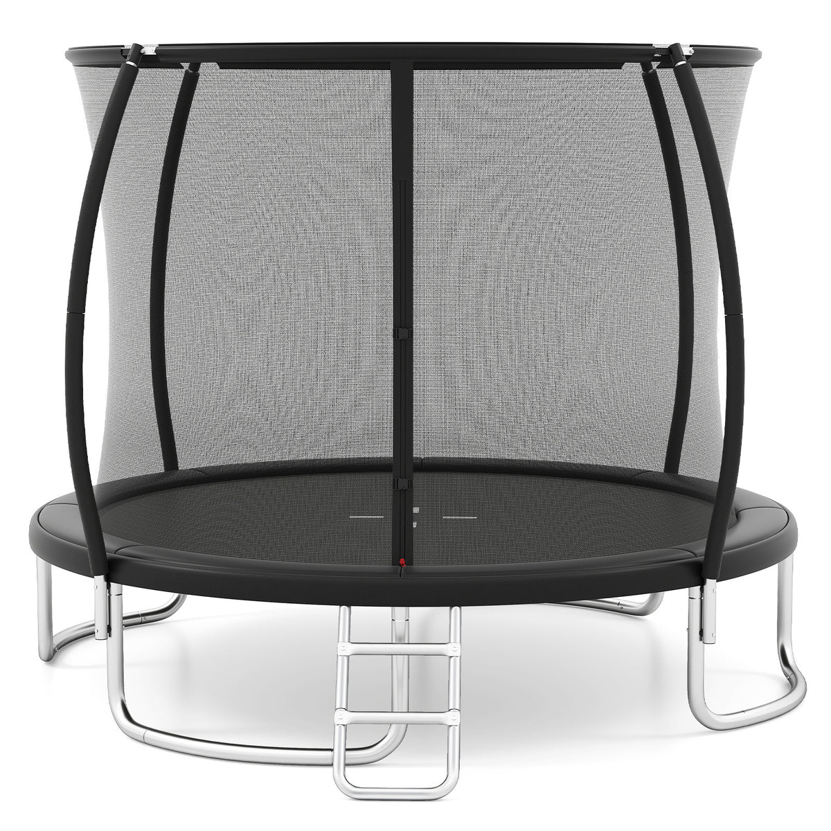 The black outdoor trampoline with safety enclosure net from a slightly different angle