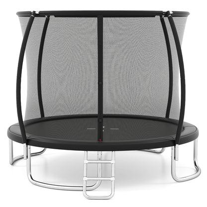 The black outdoor trampoline with safety enclosure net from a slightly different angle